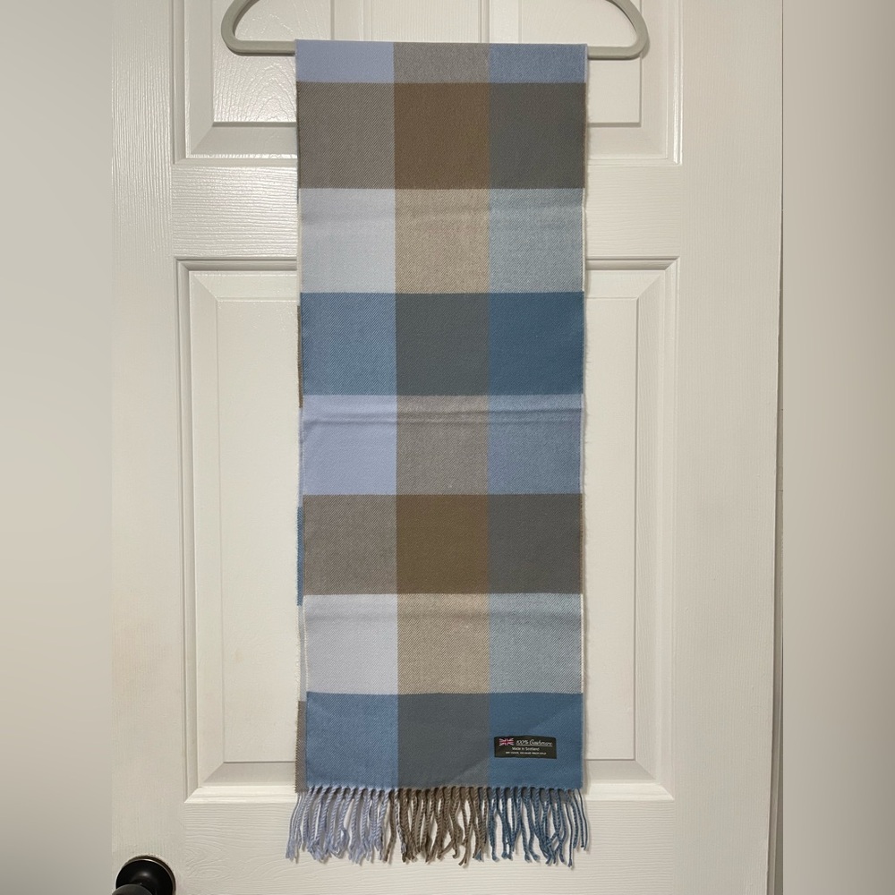 Made in Scotland 100% cashmere Plaid  Scarf in Blue and Brown 68”long 12”wide